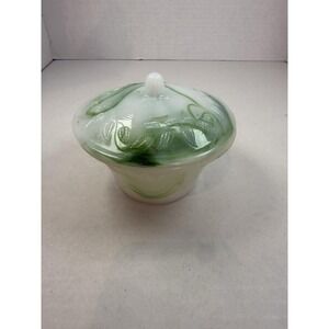 Akro Agate Green White Slag Candy Dish Powder Jar Bowl With Lid Leaf Pattern